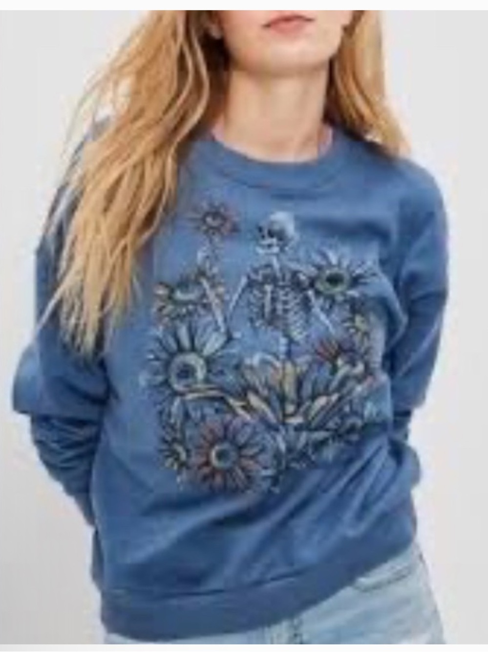 Whimsigoth Skeleton Sunflower Crewneck Sweatshirt blue XS small American Eagle